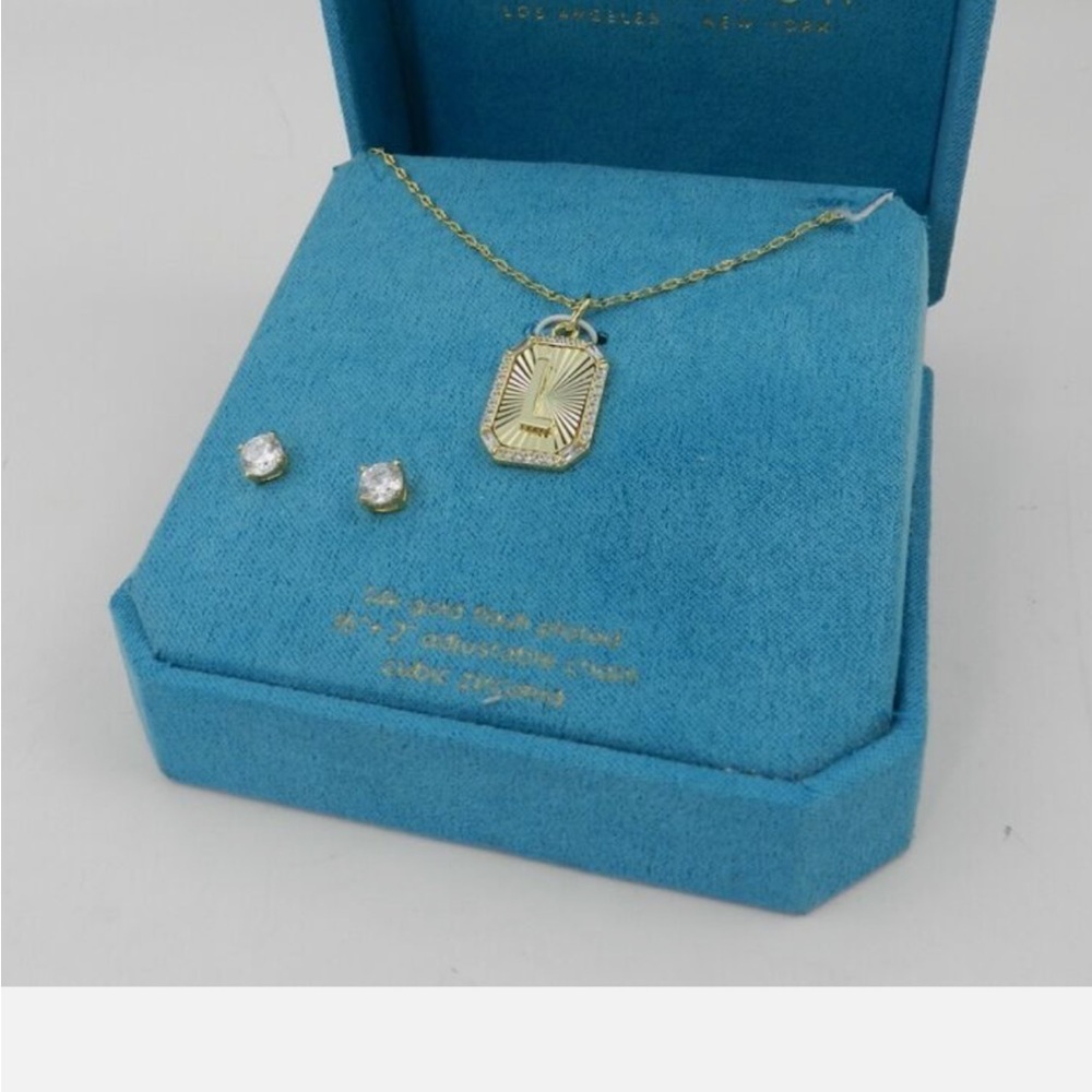 Cubic Zirconia Initial Pendant Necklace and Stud Earring Set "L"
